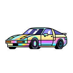 A stylized illustration of a classic sports coupe with a retro, vibrant iridescent color scheme