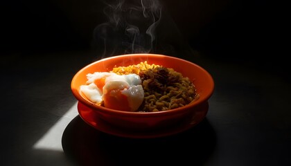 Steaming Hot Bowl of Noodles With Soft Boiled Egg and Savory Toppings Dramatic Lighting