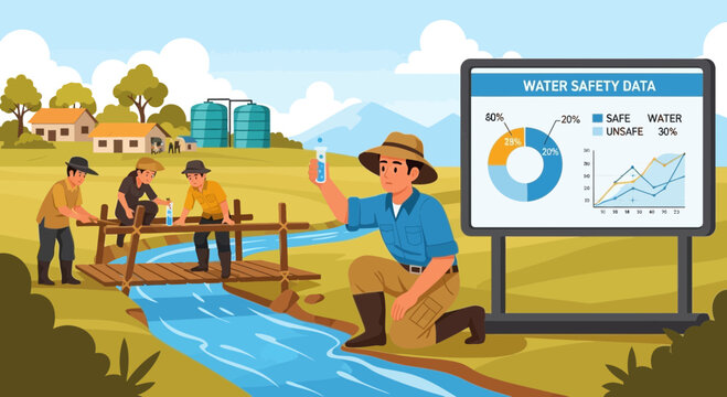 Scientist testing water quality in a river for safety data analysis.