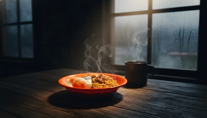 Steaming Hot Meal Served in Red Bowl Beside Mug on Wooden Table Near Rainy Window