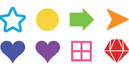 A colorful collection of geometric shapes and symbols on a white background