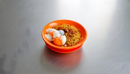 Orange Bowl Of Noodles With Boiled Eggs On A Textured Metal Table
