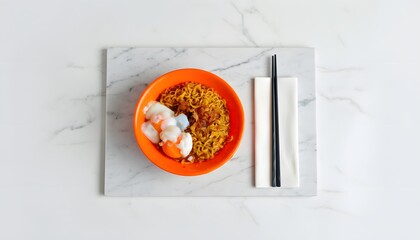 Orange Bowl Of Savory Fried Rice With Soft Boiled Eggs And Chopsticks On A Marble Board