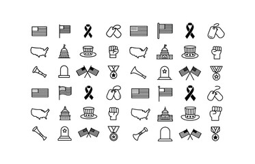 Fototapeta premium Collection of American patriotic and memorial line art icons american flag usa flag