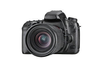 A frontal perspective of a sleek, professional black digital camera