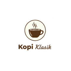 Simple vintage coffee logo with a steaming cup and Kopi Klasik text, suitable for cafe branding, traditional coffee shops, and Indonesian coffee themes.
