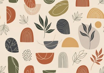 Boho seamless pattern, earth tone colors, organic shapes, modern minimalist style