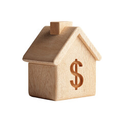 3D rendered wooden house illustration, featuring a dollar sign, isolated on a black background