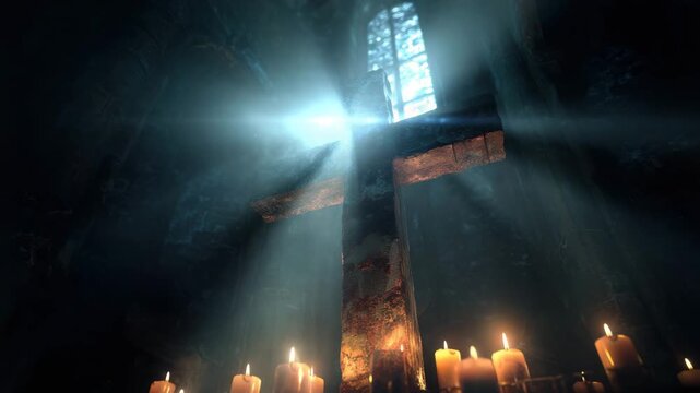 Ancient stone and wooden cross illuminated by candlelight and dramatic sunbeam through stained glass window, candlelit sanctuary and chapel altar with light beam, atmospheric church interior