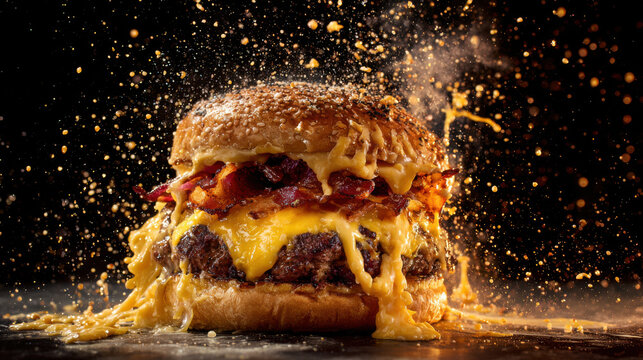 Gourmet bacon cheeseburger splashing with melting cheese