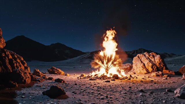 Dramatic desert scene with burning bush illuminated under a starry night sky  symbolizing biblical storytelling and divine revelation in a natural landscape