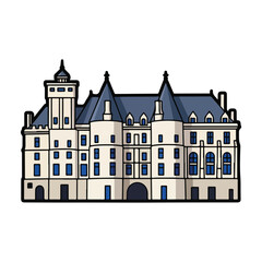 A large, beige building with a blue roof and many windows