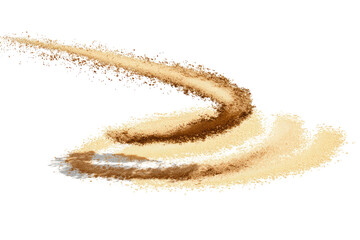 A winding, swirling pile of sand, showing variations in color against a black background