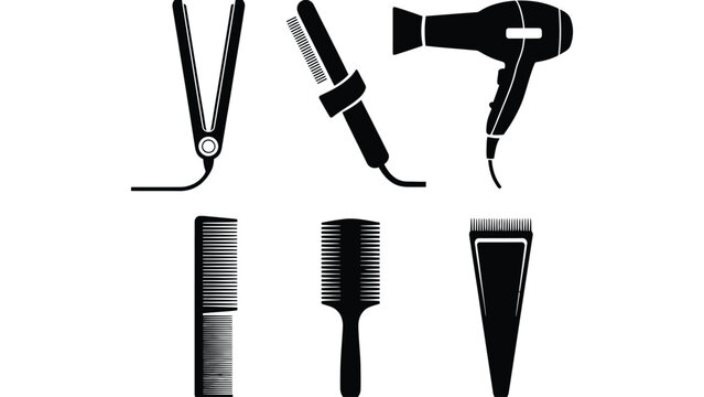 A collection of hair styling tools on a white background
