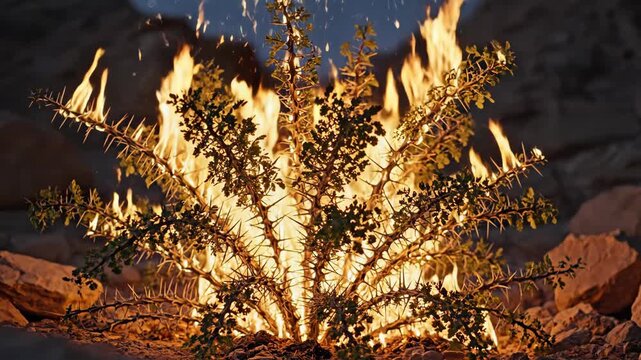 Dramatic image of a burning bush with intense flames and sparks in a rocky desert landscape  symbolizing biblical miracle and divine revelation