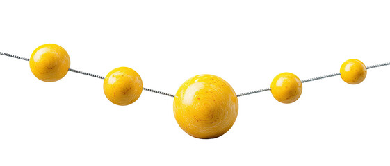 A black background with a string of yellow orbs in an arc. Five spheres are visible on a line