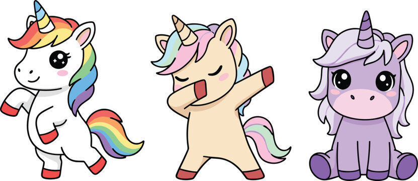 Cute cartoon unicorn characters dancing posing and sitting colorful fantasy animal set kawaii kids vector illustration design