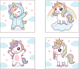Fototapeta premium Cute cartoon unicorn characters set with rainbow cloud crown and heart elements pastel fantasy kids vector illustration