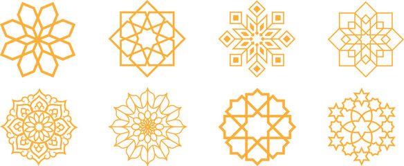 Arabic oriental floral icon set featuring traditional arabesque vectors, ornaments, and patterns. Abstract floral symbol and logo designed in an ornamental Islamic style, ideal for wedding invitation. © UZ Vectors