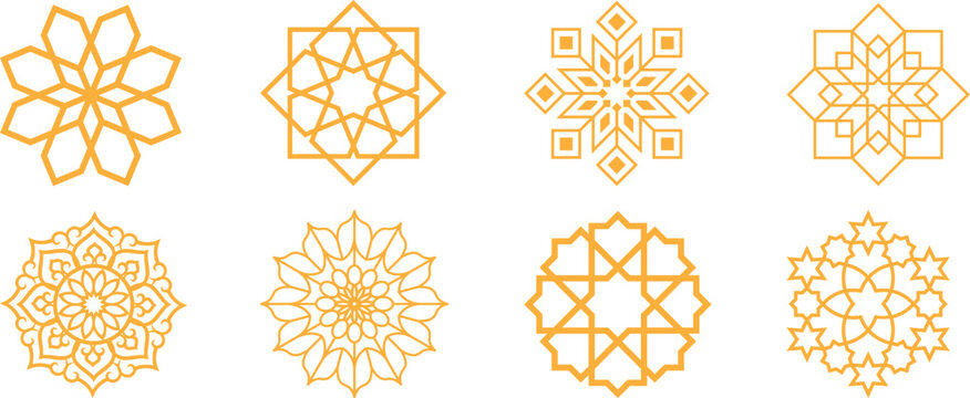 Arabic oriental floral icon set featuring traditional arabesque vectors, ornaments, and patterns. Abstract floral symbol and logo designed in an ornamental Islamic style, ideal for wedding invitation.