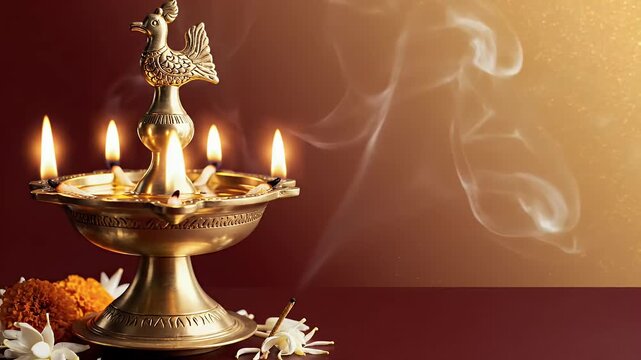 Pudhuvarusham Traditional Tamil Brass Vilakku Lamp Glowing on Left Side