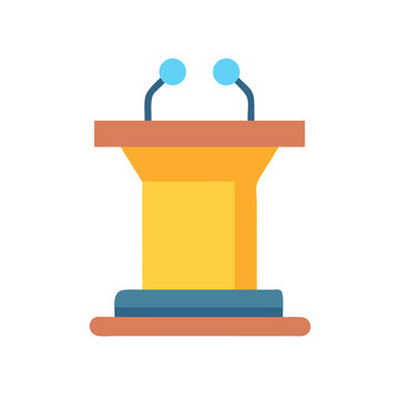 Flat illustration of a yellow presentation podium with microphones