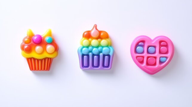 23061731 68 Commercial-style isolated collection of anti-stress pop-it fidget toys floating against white background, featuring four distinct shapes including mythical unicorn with dimensional horn