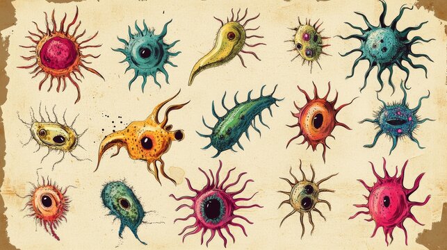 23061731 92 Vintage American comic book inspired microscopic amoeba characters with exaggerated pseudopods and simplified nuclei, bold primary color palette with halftone shading effects, complete