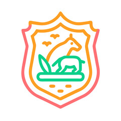 Emblem Featuring Nature Scene, Shield Shape, and Bright Colors