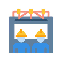 Two construction workers in helmets near control panel