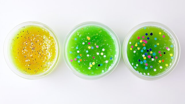 23061731 117 Five distinct types of transparent green slimes with different additives - one with glitter, one with foam beads, one with glow-in-dark particles, one with confetti, one plain - each in