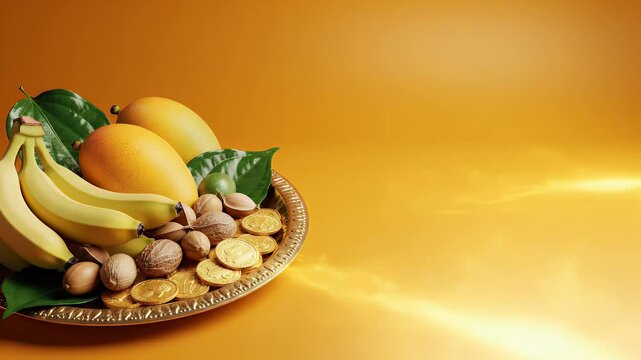 Puthandu Festival Brass Plate with Fruits and Coins on Saffron Gold Gradient