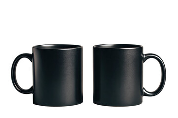 Two identical black ceramic mugs, one front facing and the other profile, set against a dark background