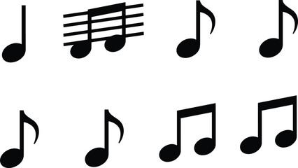 Black musical note icon set with various music notation symbols for audio sound and melody design © MstBabli