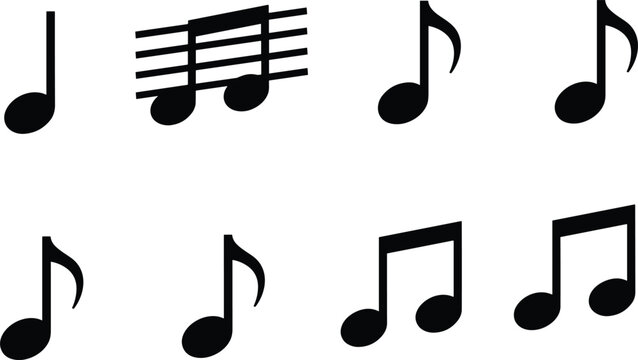 Black musical note icon set with various music notation symbols for audio sound and melody design