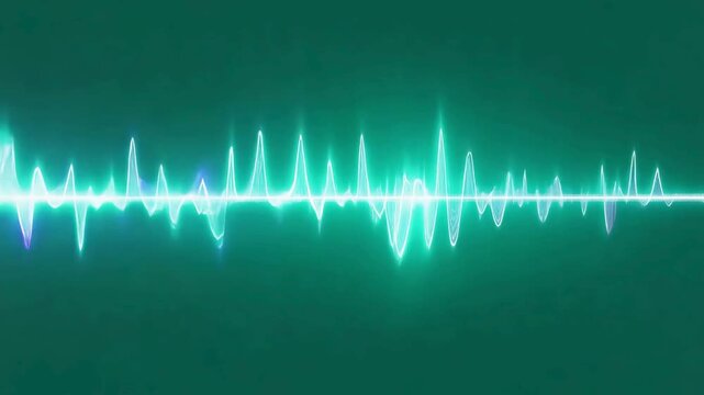 Vibrant neon cyan and purple audio frequency waves pulsing across a dark green background, representing music and sound technology.