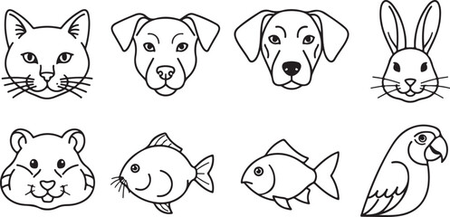 Fototapeta premium Pet Animal Faces Collection: Cat, Dog, Rabbit, Hamster, Fish, Parrot Icons Isolated on white background