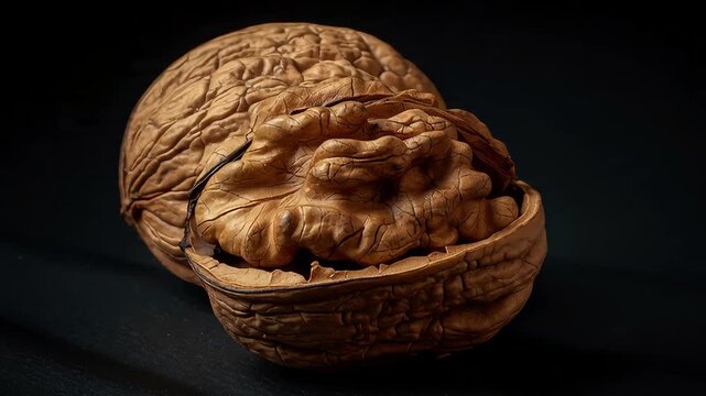 Close-up of a single, whole walnut with a cracked shell revealing the textured kernel, set against a dark background