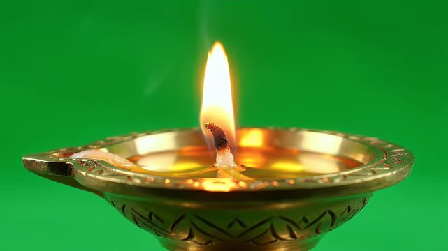Ram Navami Traditional Brass Oil Lamp Diya Steady Flame Green Screen Background
