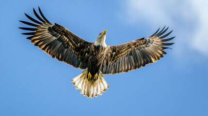 Naklejka premium A majestic eagle soaring gracefully in a clear, blue sky. The eagle displays its wide wingspan, a symbol of freedom AI Generative