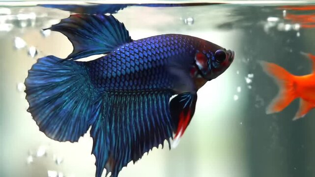 Betta Fish Swimming in Aquarium Water.