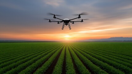 Smart Agriculture Drone Spraying Crops at Sunrise Representing Precision Farming
