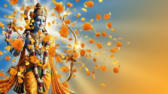 Ram Navami Festival Lord Rama Idol with Bow and Arrow Blue Gold Gradient