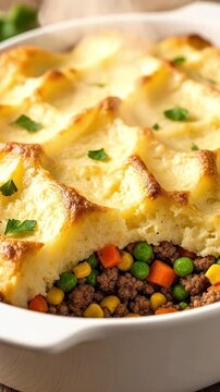A captivating close-up showcases a hearty, freshly baked savory casserole, presented in a crisp white ceramic dish. The inviting golden-brown mashed potato topping, beautifully textured and gently gar
