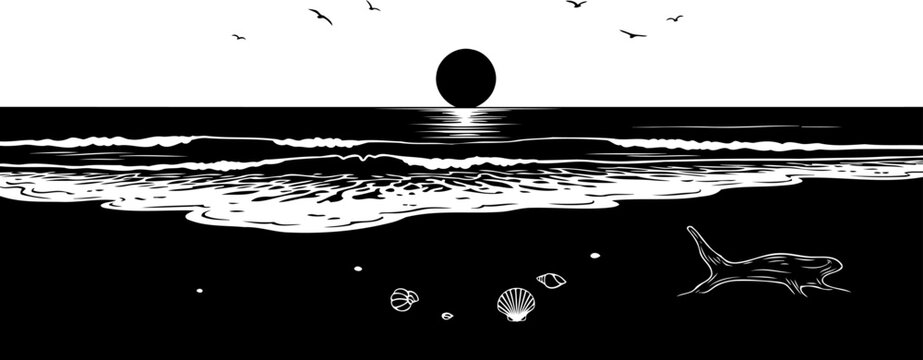 Beach sunset horizon with shells and driftwood