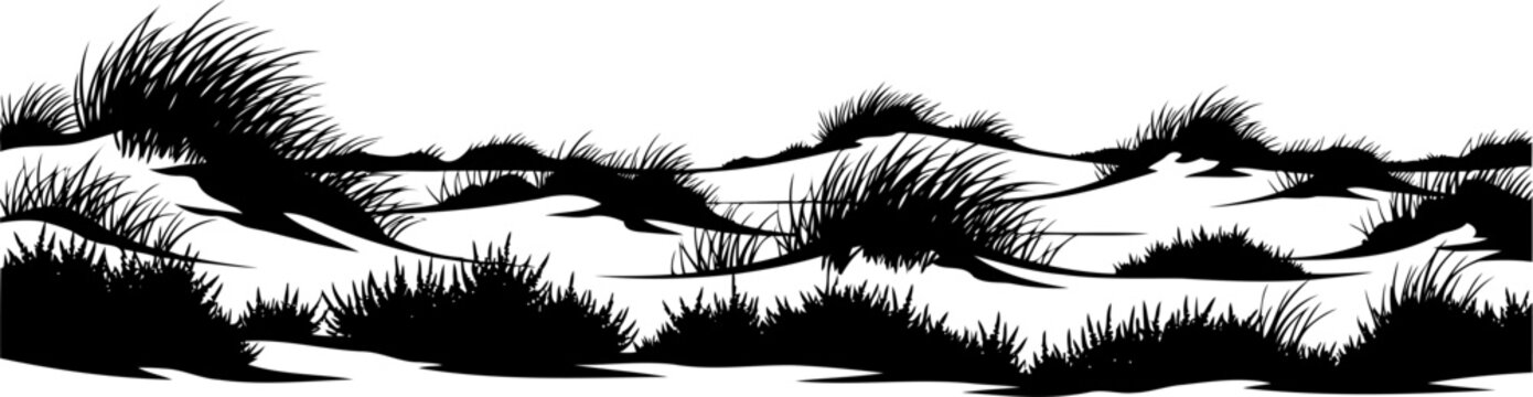 Coastal sand dunes silhouette with tall beach grass and mounds