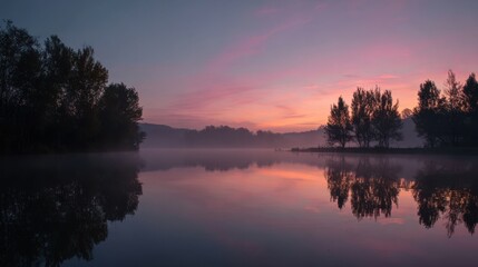 Serene lake dawn with pink sky reflections purple