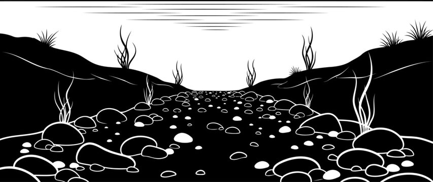 Dry riverbed silhouette with stones and tall shoreline grass