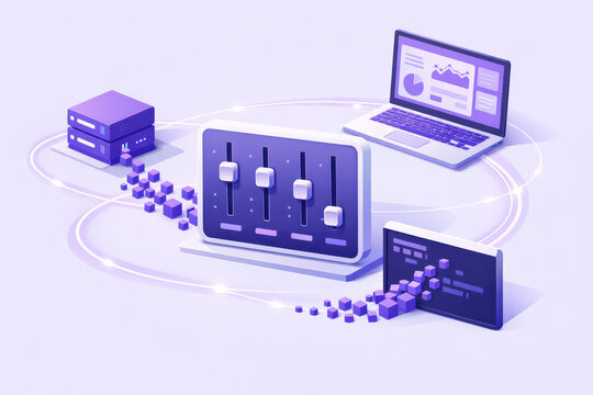 Futuristic isometric music production interface with mixing controls connected devices and glowing data paths on a soft lavender background for audio software and creative technology concepts