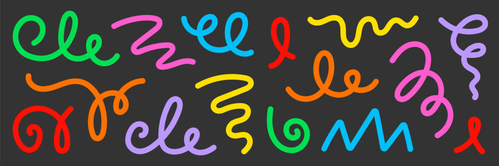 Abstract doodle line shapes, colorful confetti squiggle set. Carnival abstract cute doodle curve confetti design for pattern, line squiggles, geometric shape elements. Vector illustration